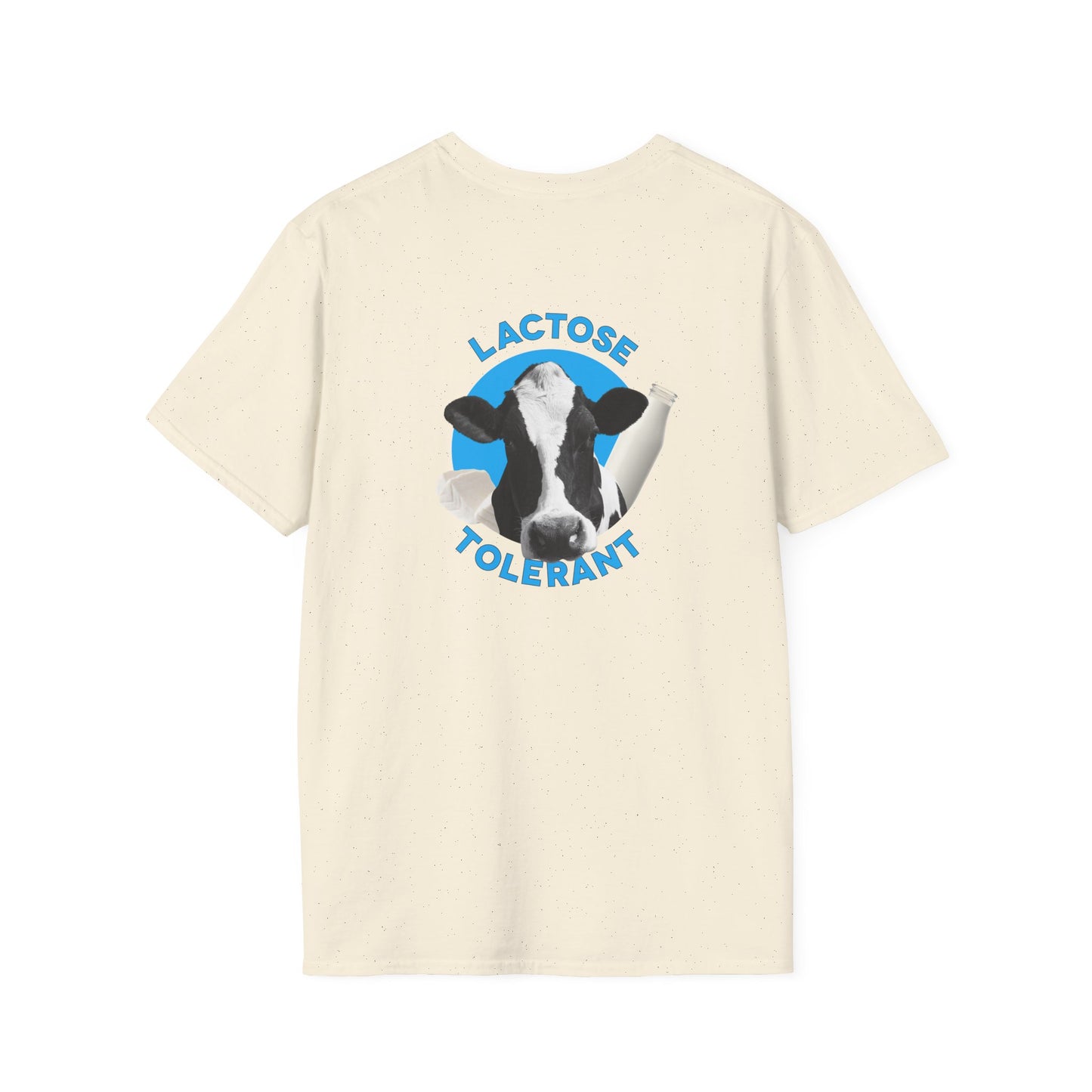 Lactose Tolerant t-shirt featuring cow illustration with milk bottle and cheese, funny dairy lover shirt for men and women.