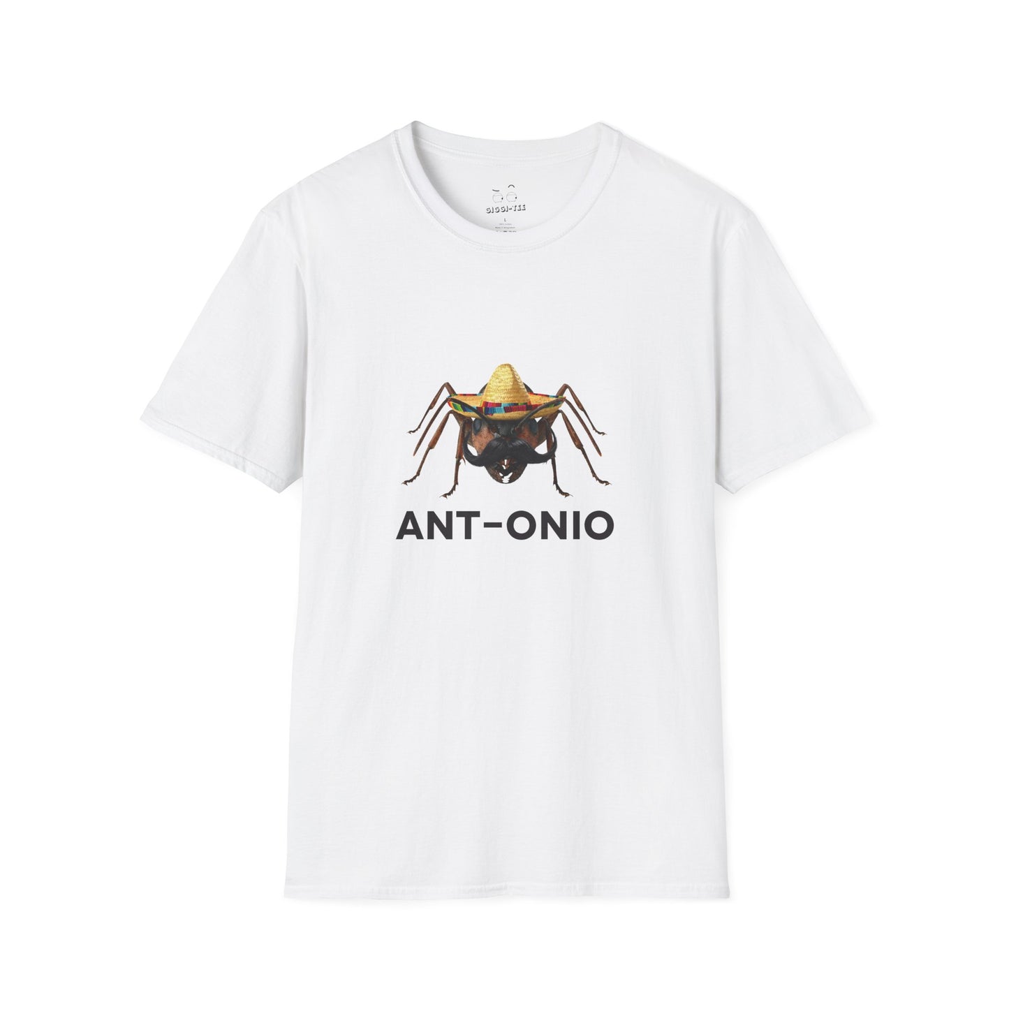 Antonio ant shirt featuring an ant with a big mustache and sombrero. Funny Spanish name pun and animal graphic.