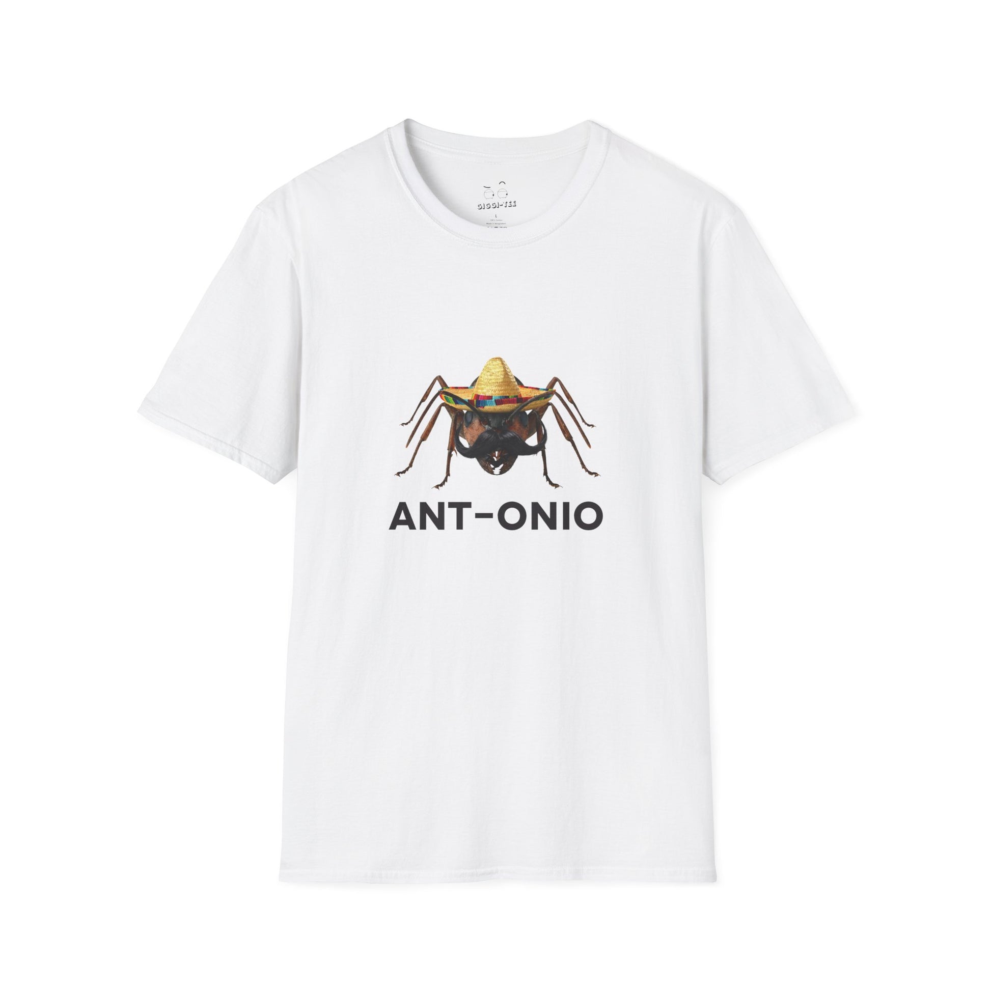 Antonio ant shirt featuring an ant with a big mustache and sombrero. Funny Spanish name pun and animal graphic.