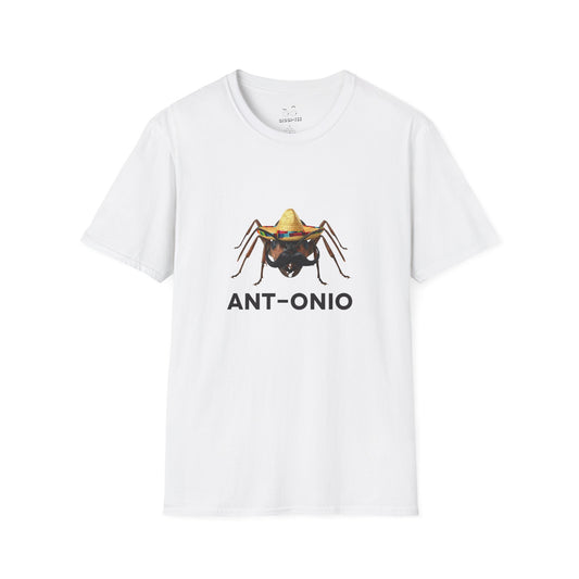 Antonio ant shirt featuring an ant with a big mustache and sombrero. Funny Spanish name pun and animal graphic.