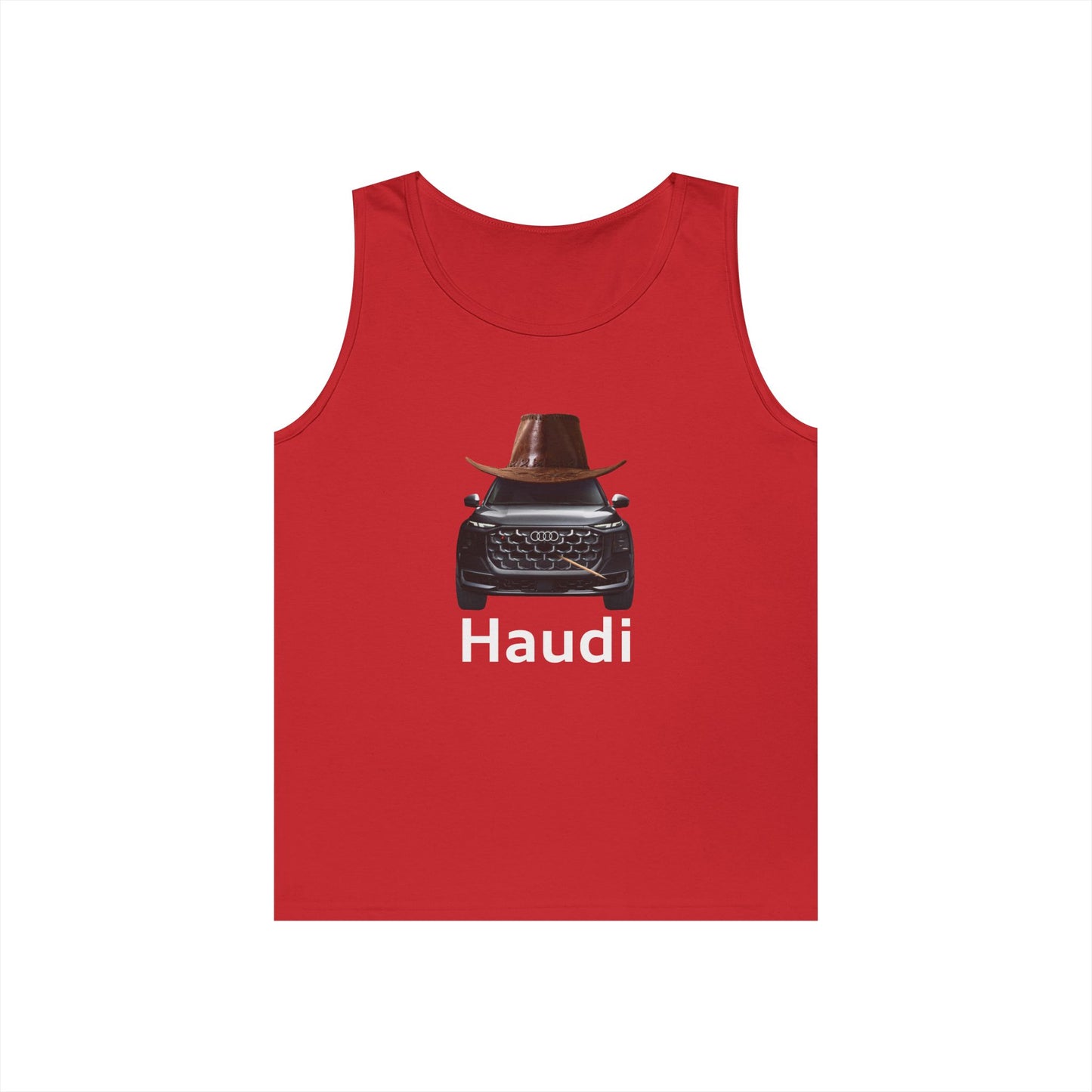 Haudi funny car tank top featuring an Audi wearing a cowboy hat and toothpick