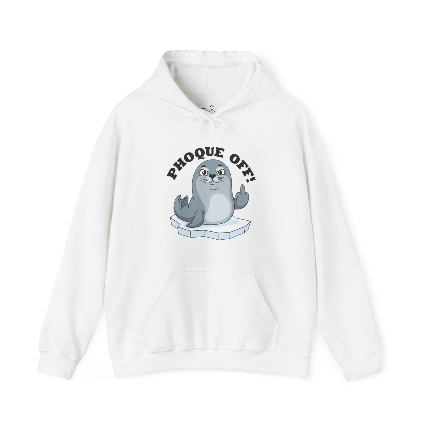 A funny seal wearing a "Phoque Off" design while giving the middle finger on a humorous pun hoodie.