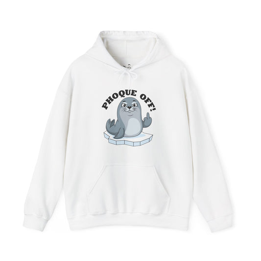 A funny seal wearing a "Phoque Off" design while giving the middle finger on a humorous pun hoodie.