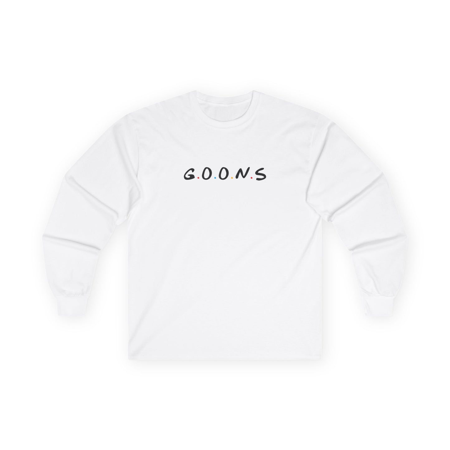 Goons long sleeve shirt design featuring the logo of friends comedy sitcom, humorous parody apparel