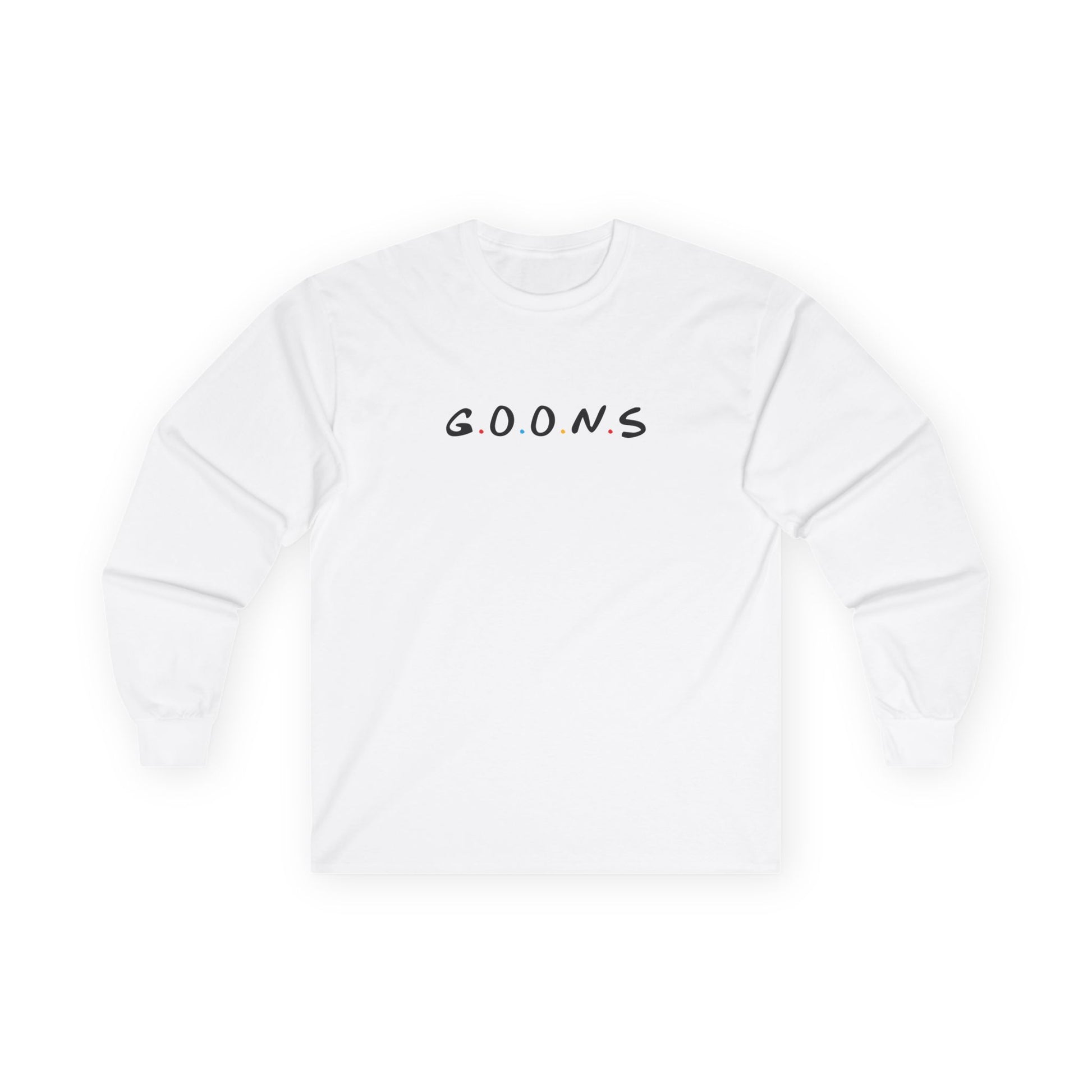 Goons long sleeve shirt design featuring the logo of friends comedy sitcom, humorous parody apparel