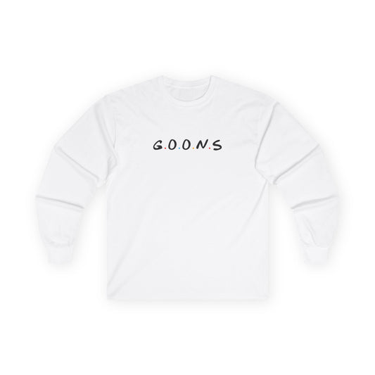 Goons long sleeve shirt design featuring the logo of friends comedy sitcom, humorous parody apparel