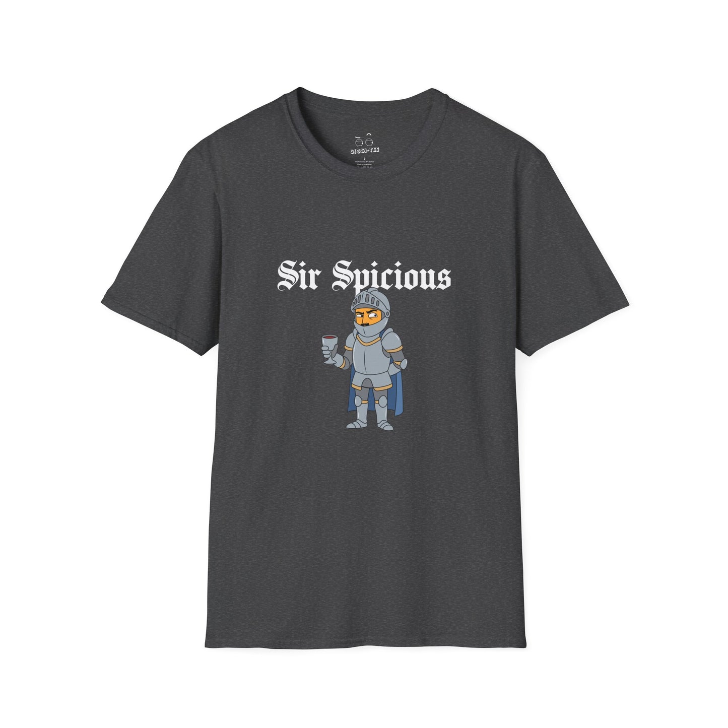 Sir Spicious suspicious funny medieval pun knight graphic on a white t-shirt