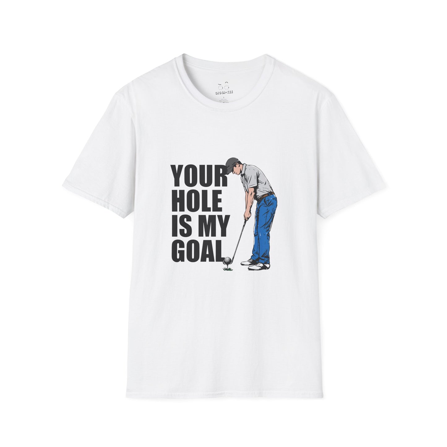 Funny golf design featuring a golfer with a golf club and ball on the pin, with the text “Your Hole Is My Goal.”