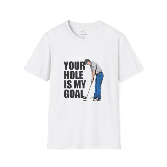 Funny golf design featuring a golfer with a golf club and ball on the pin, with the text “Your Hole Is My Goal.”