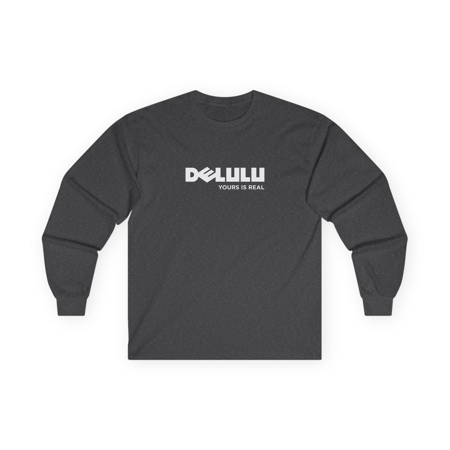 Delulu parody long sleeve t-shirt design with Dell logo transformed into the word ‘Delulu’, nerdy tech humor shirt, laptop and computer fan gift