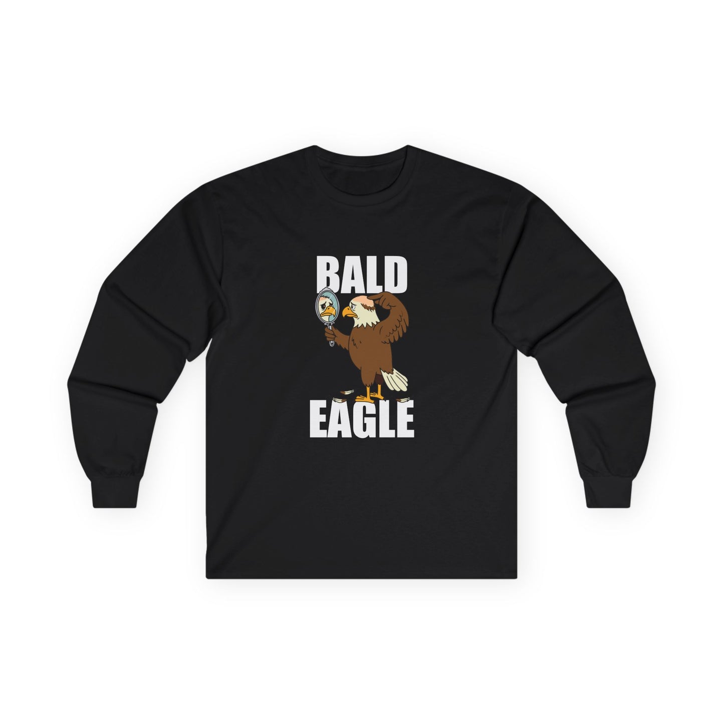 Funny Bald Eagle long sleeve shirt design with a bald eagle holding a mirror and showing a bald spot.