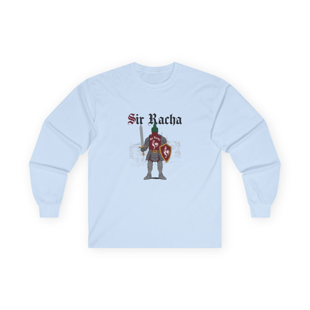 Sir Racha funny sriracha bottle dressed as a medieval knight long sleeve shirt