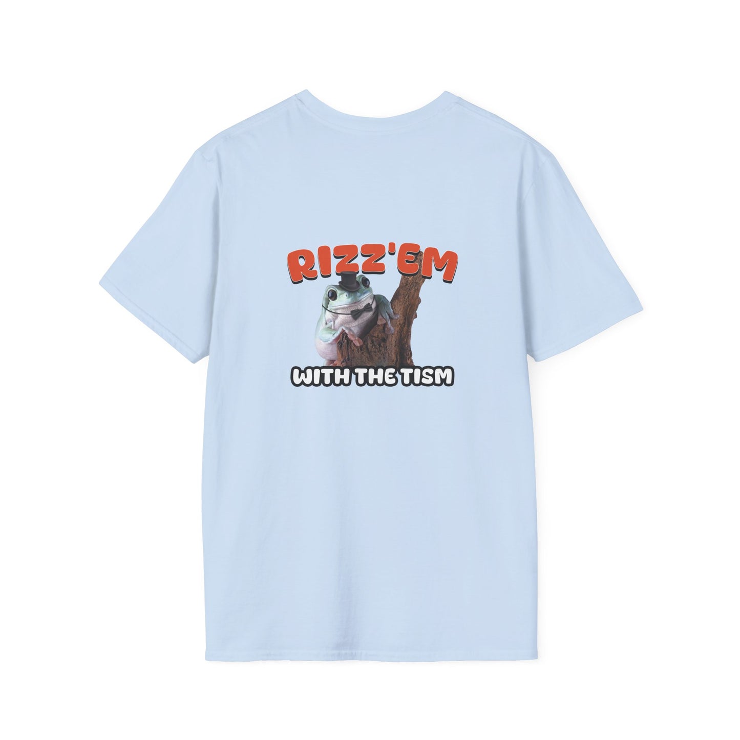 Funny autism parody back print shirt featuring a rizzed-up frog in a top hat and bow tie