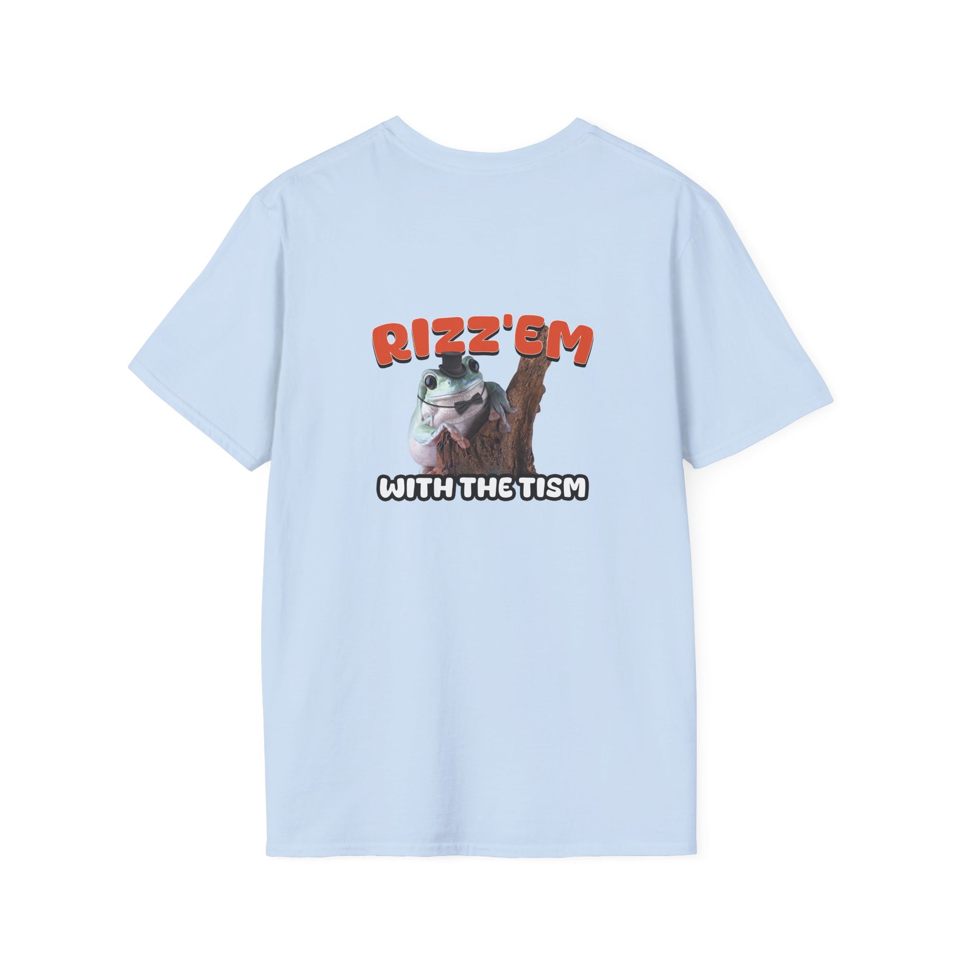 Funny autism parody back print shirt featuring a rizzed-up frog in a top hat and bow tie