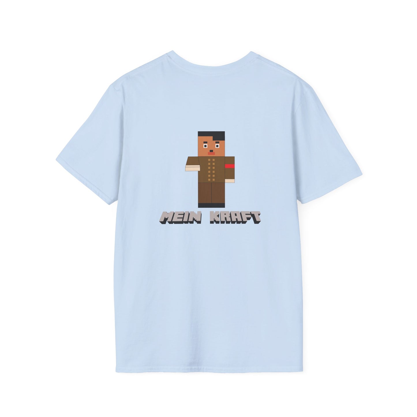 Back print T-shirt featuring a blocky Minecraft-style character dressed in a dictator’s uniform with a toothbrush mustache.