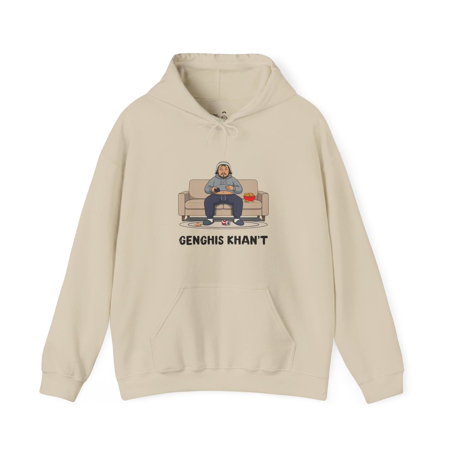 Genghis Khan’t parody hoodie featuring Genghis Khan sitting on a couch in pajamas holding a TV remote