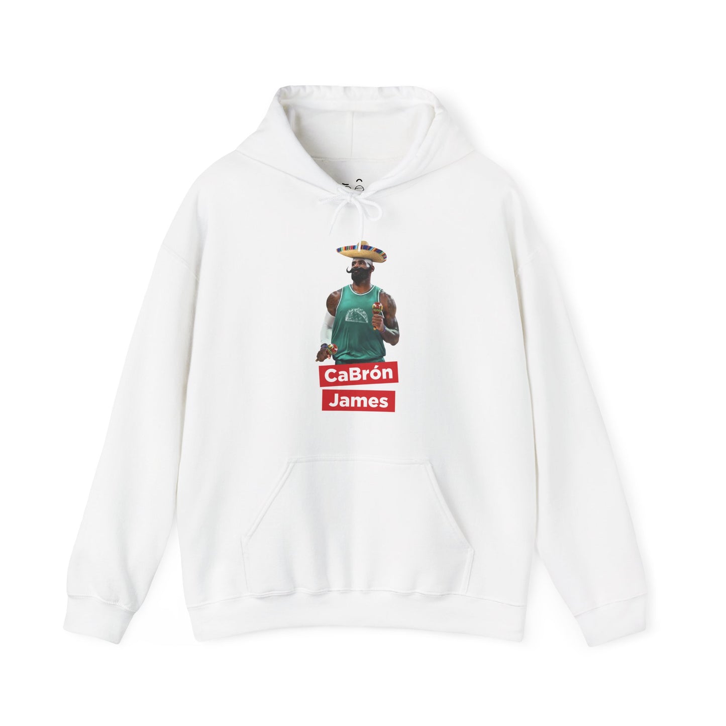 CaBron James parody design featuring LeBron James with a sombrero, giant mustache, maracas, and taco-themed basketball jersey printed on a hoodie.