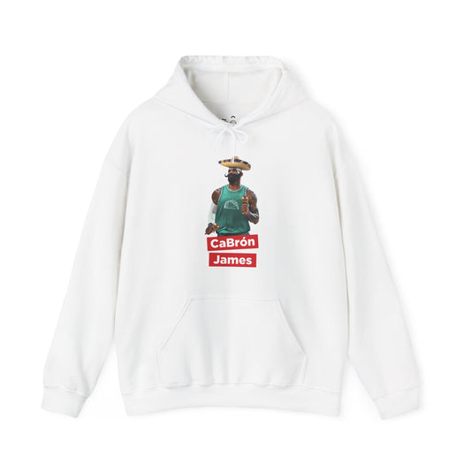 CaBron James parody design featuring LeBron James with a sombrero, giant mustache, maracas, and taco-themed basketball jersey printed on a hoodie.