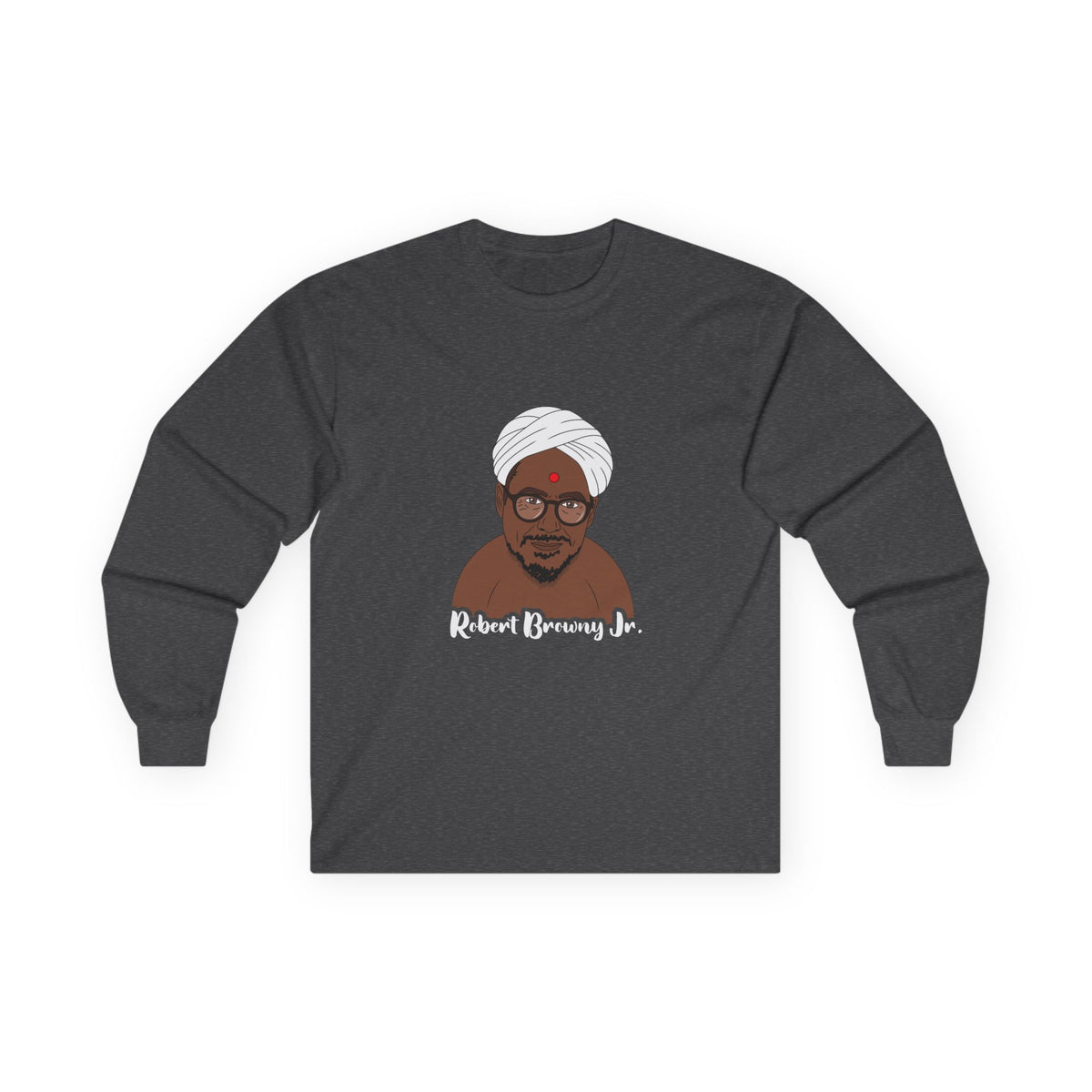 Parody shirt design featuring a comic illustration of Robert Downey Jr. as an Indian man wearing a white turban and bindi, with the text 'Robert Browny Jr.' underneath.