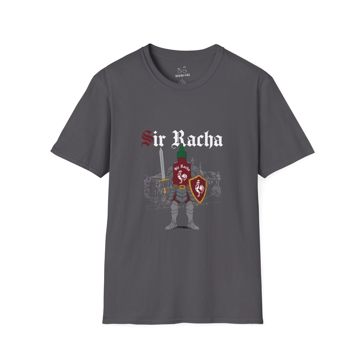 Sir Racha funny sriracha hot sauce bottle in medieval knight armor shirt