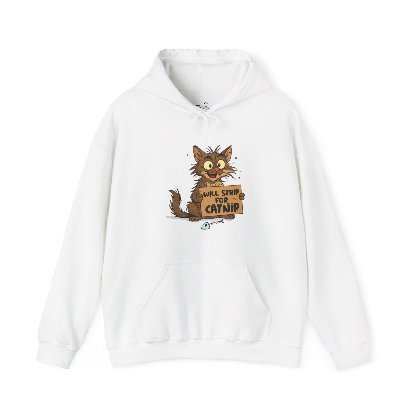 Will Strip for Catnip hoodie featuring a feral street cat holding a cardboard sign asking for catnip