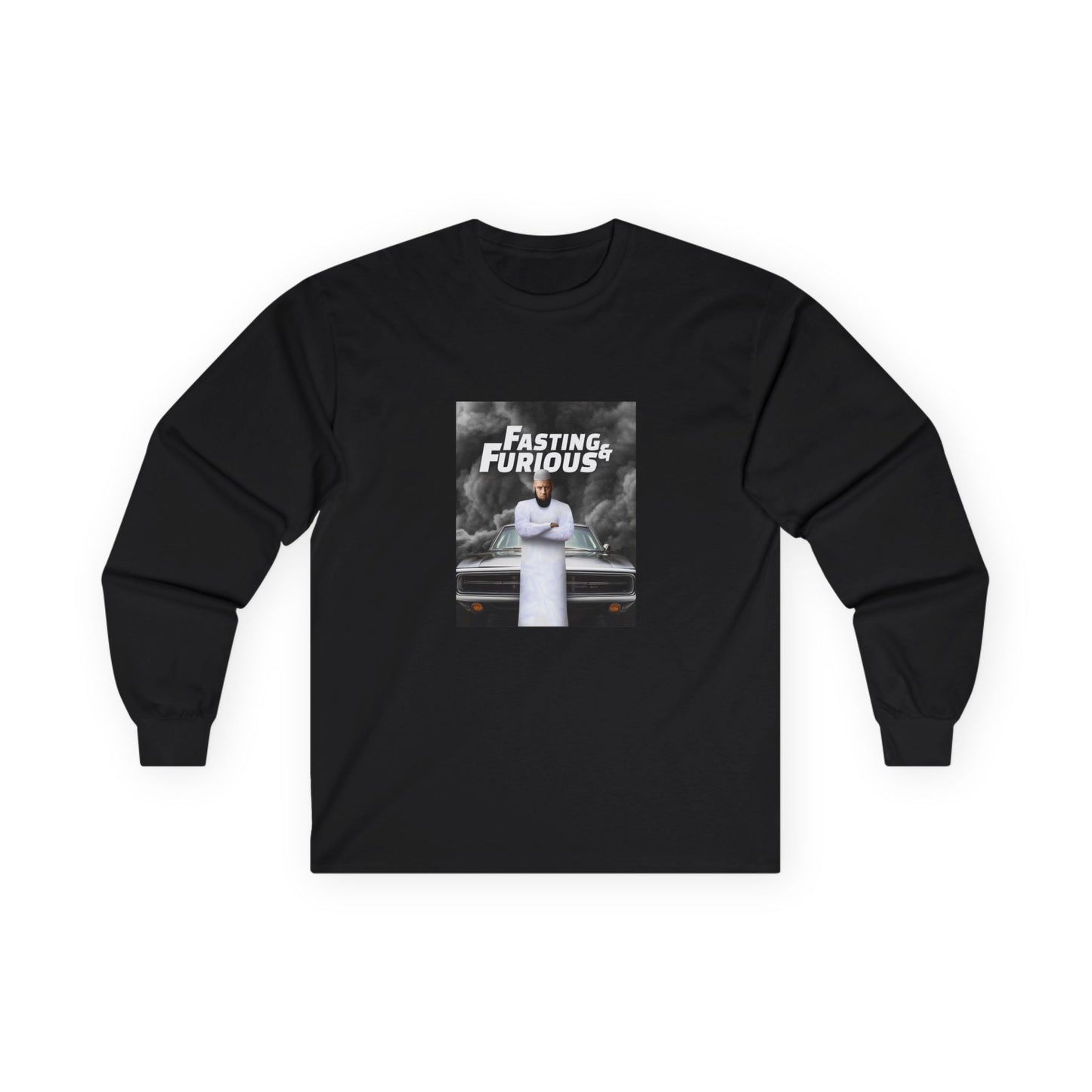 Fast and Furious parody long sleeve shirt design featuring Vin Diesel wearing traditional Muslim clothing and a long jihadist-style beard, titled “Fasting and Furious.”