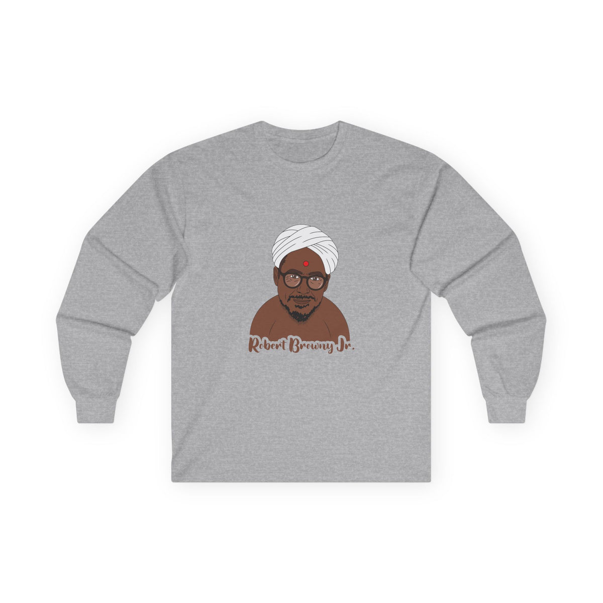 Parody shirt design featuring a comic illustration of Robert Downey Jr. as an Indian man wearing a white turban and bindi, with the text 'Robert Browny Jr.' underneath.