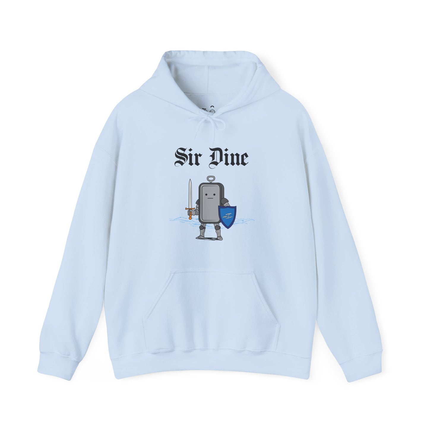 Sir Dine hoodie graphic showing a sardine can dressed as a knight in shining armor