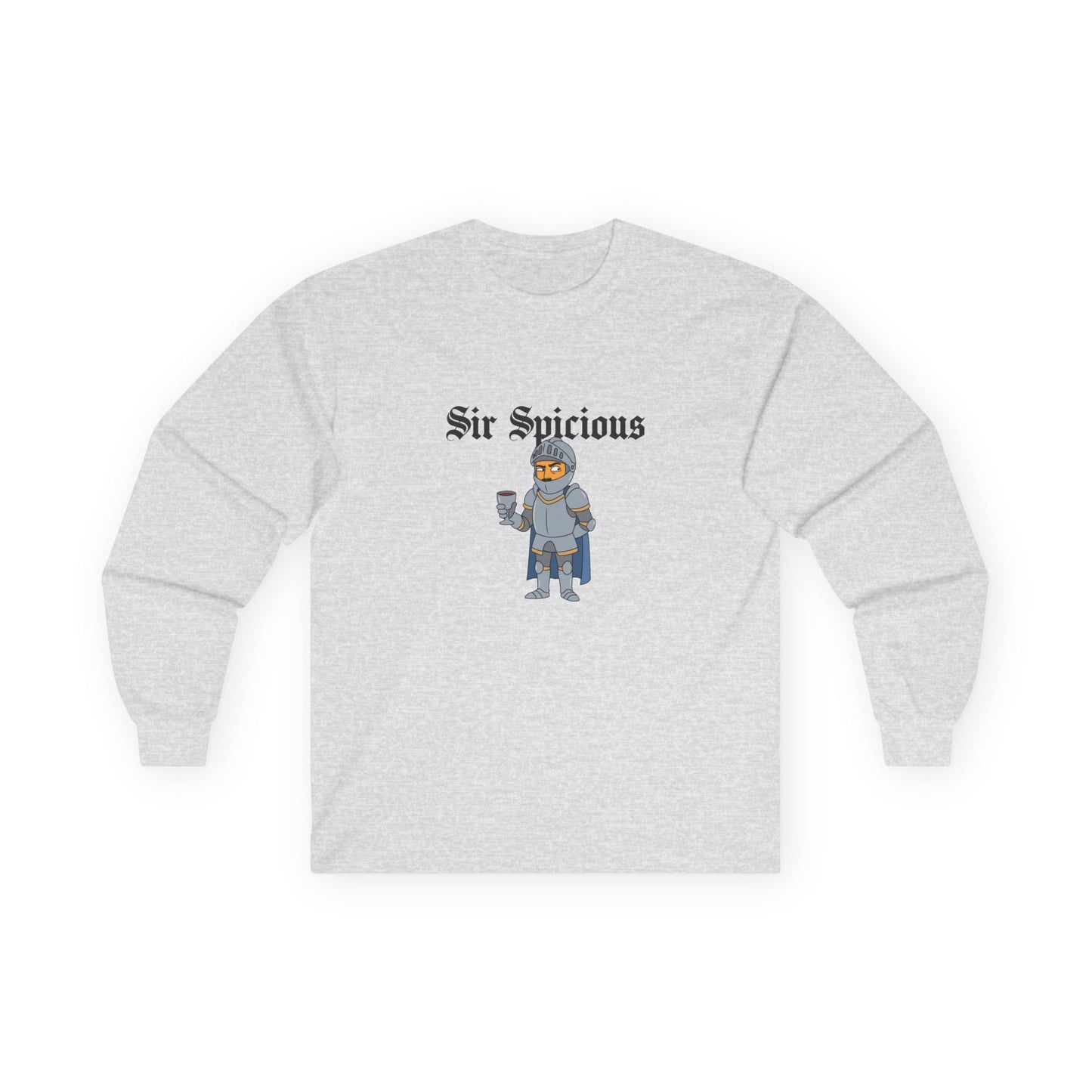 Sir Spicious funny suspicious knight graphic on a white long sleeve shirt