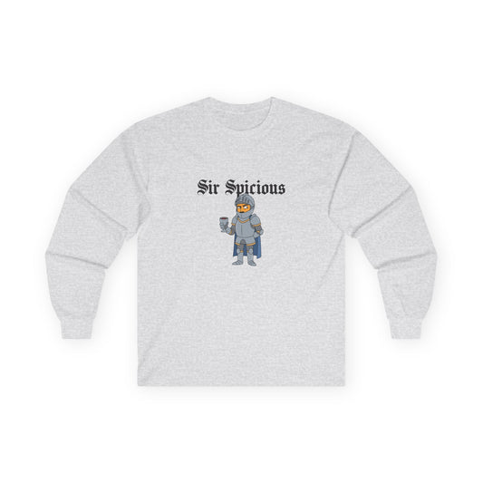 Sir Spicious funny suspicious knight graphic on a white long sleeve shirt