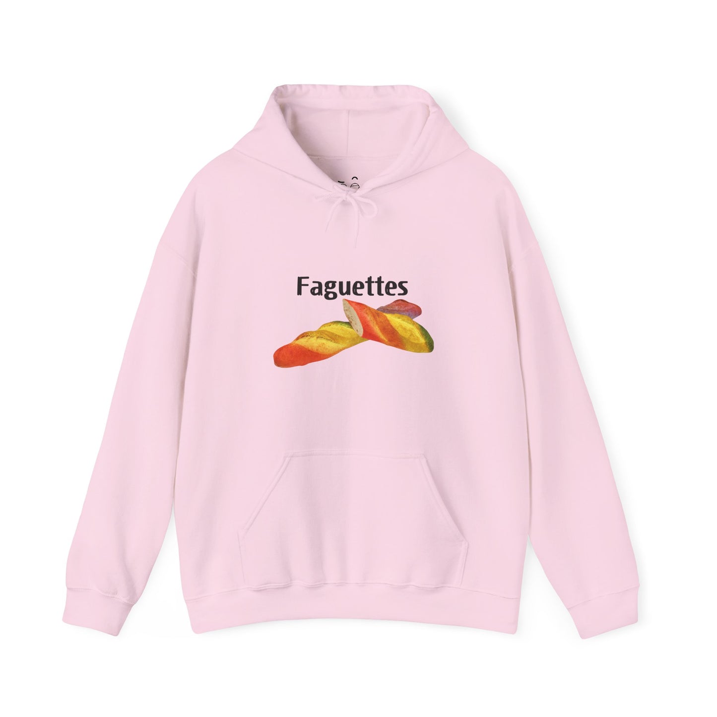 Pink hoodie featuring a colorful rainbow baguette parody graphic with the word “Faguettes” in bold lettering.