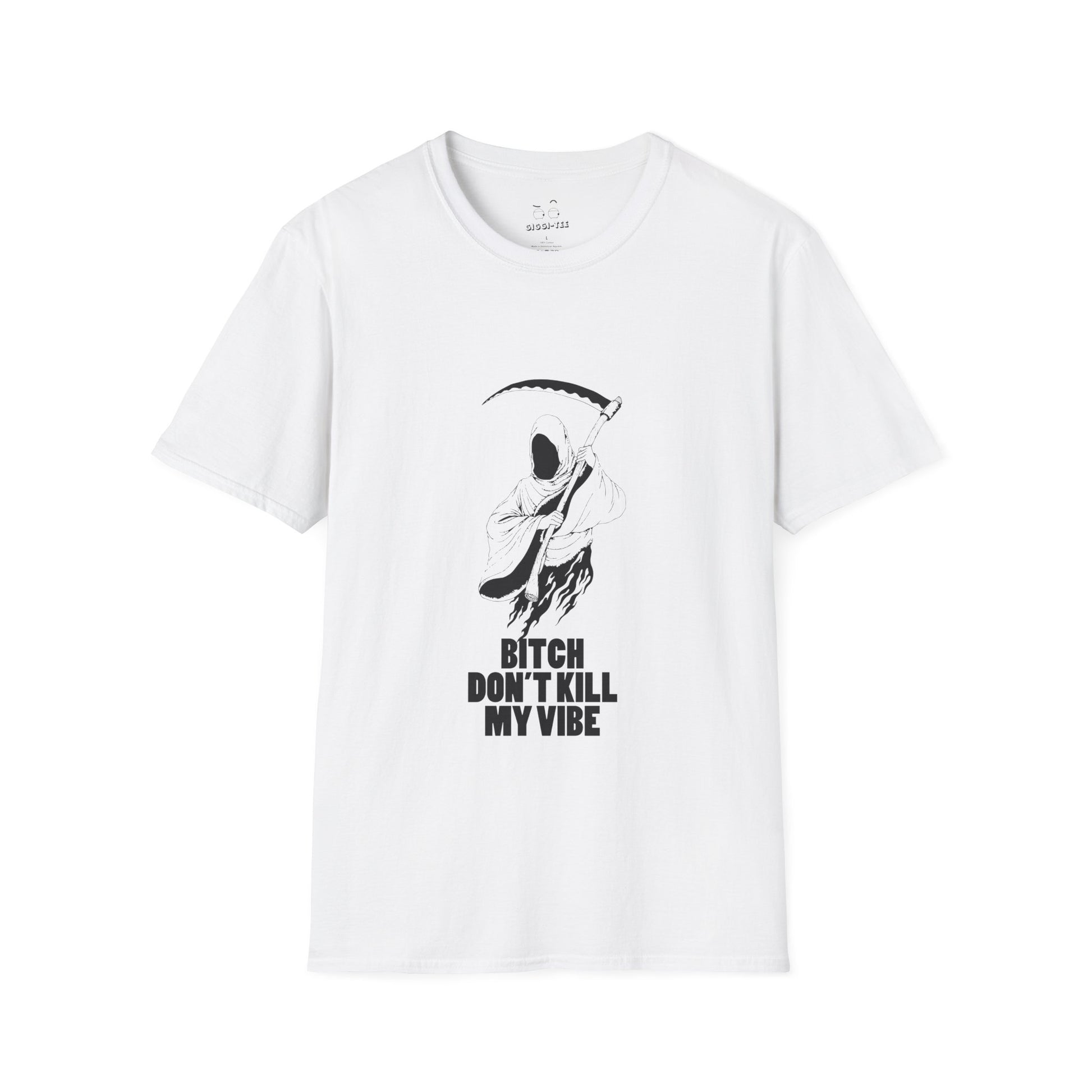 T-shirt featuring a graphic of the Grim Reaper holding a scythe with the bold text "Bitch don't kill my vibe.