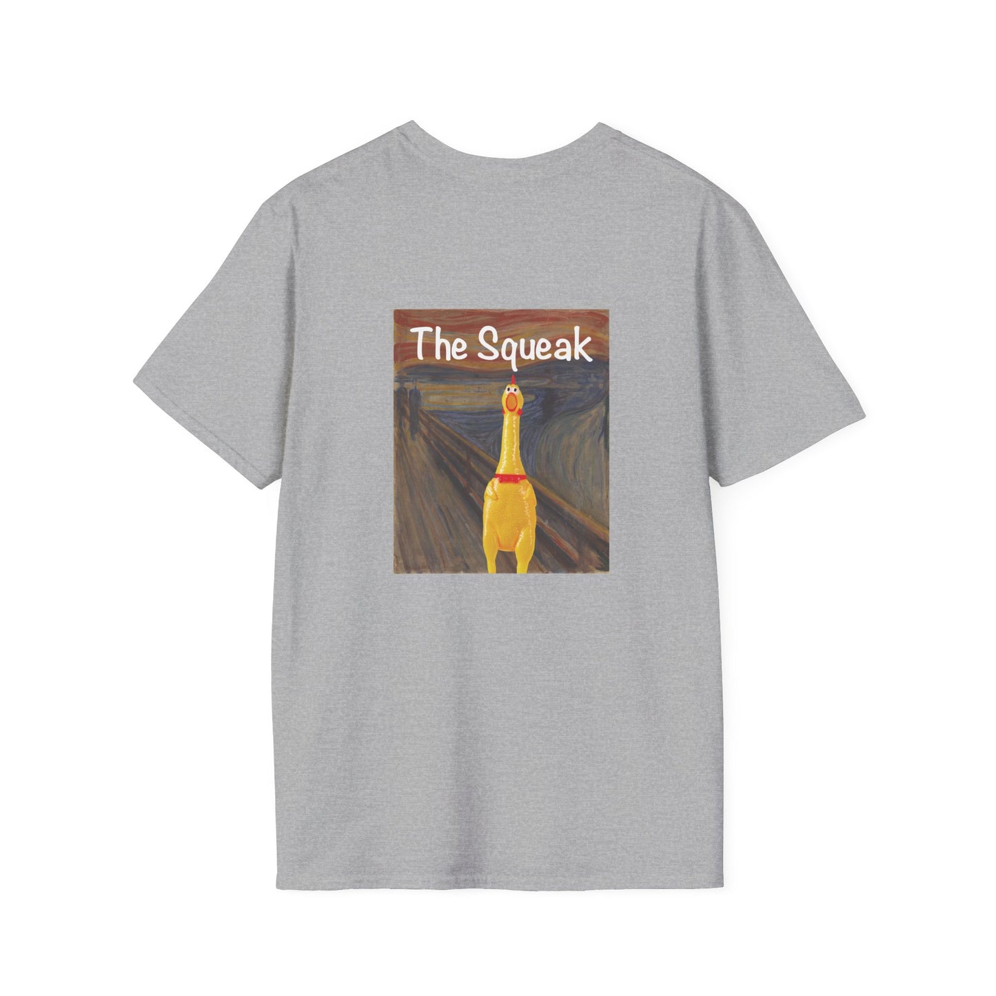 Parody of The Scream painting featuring a squeaky rubber chicken in place of the screaming figure on a t-shirt design.