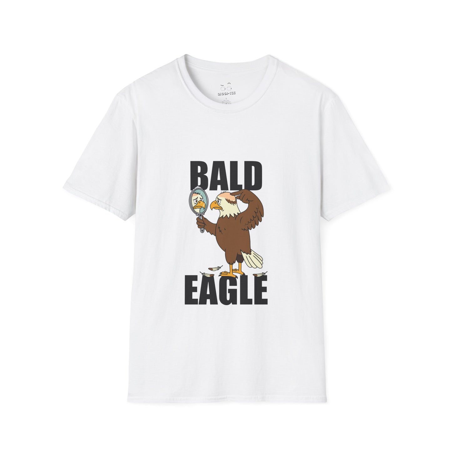 Bald Eagle t-shirt design with a sad eagle showing a bald spot, holding a mirror, and looking disappointed.