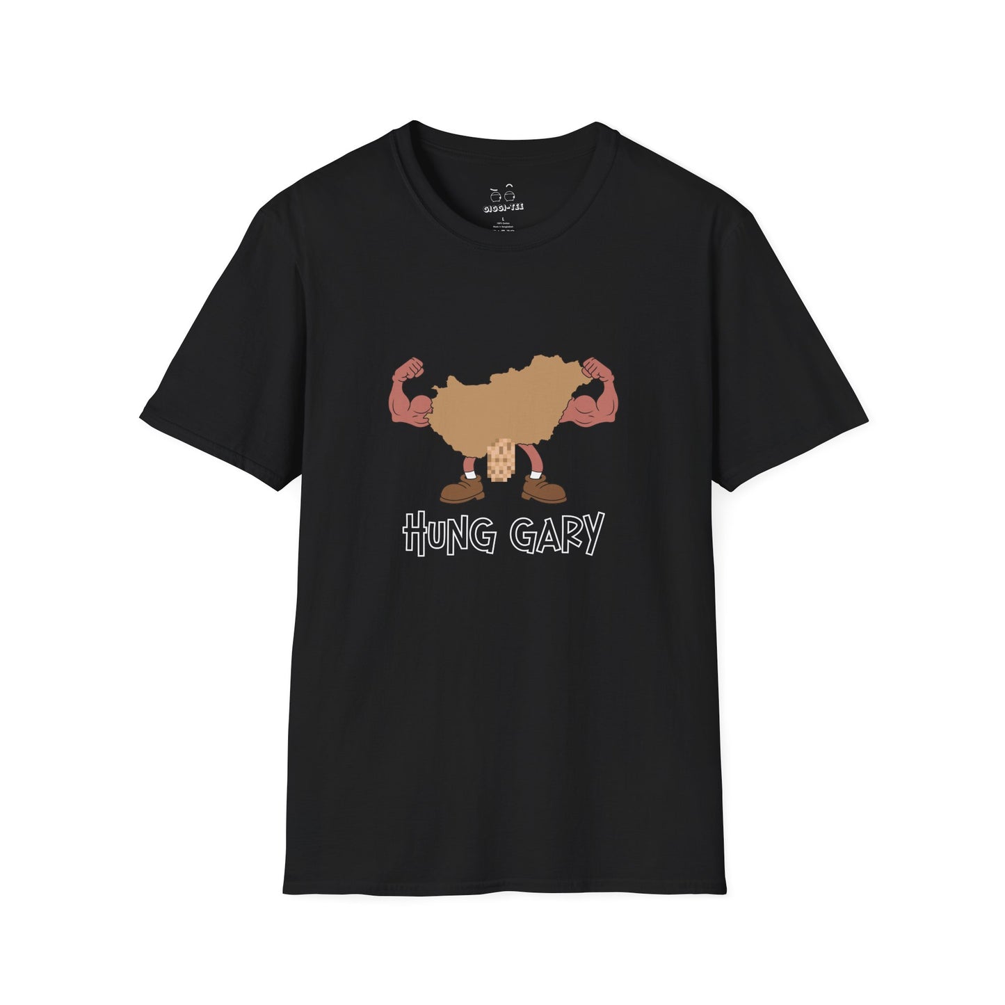 Hung Gary pun shirt: Hungary map illustration flexing muscles with an adult-themed pixelated graphic. Funny geography.