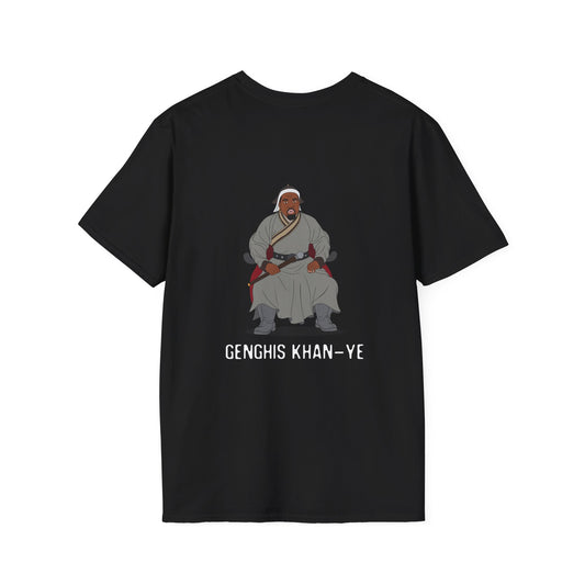 Genghis Khan Ye: Parody back print shirt illustration of Ye dressed as Genghis Khan in Mongolian armor. Funny hip hop culture pun.