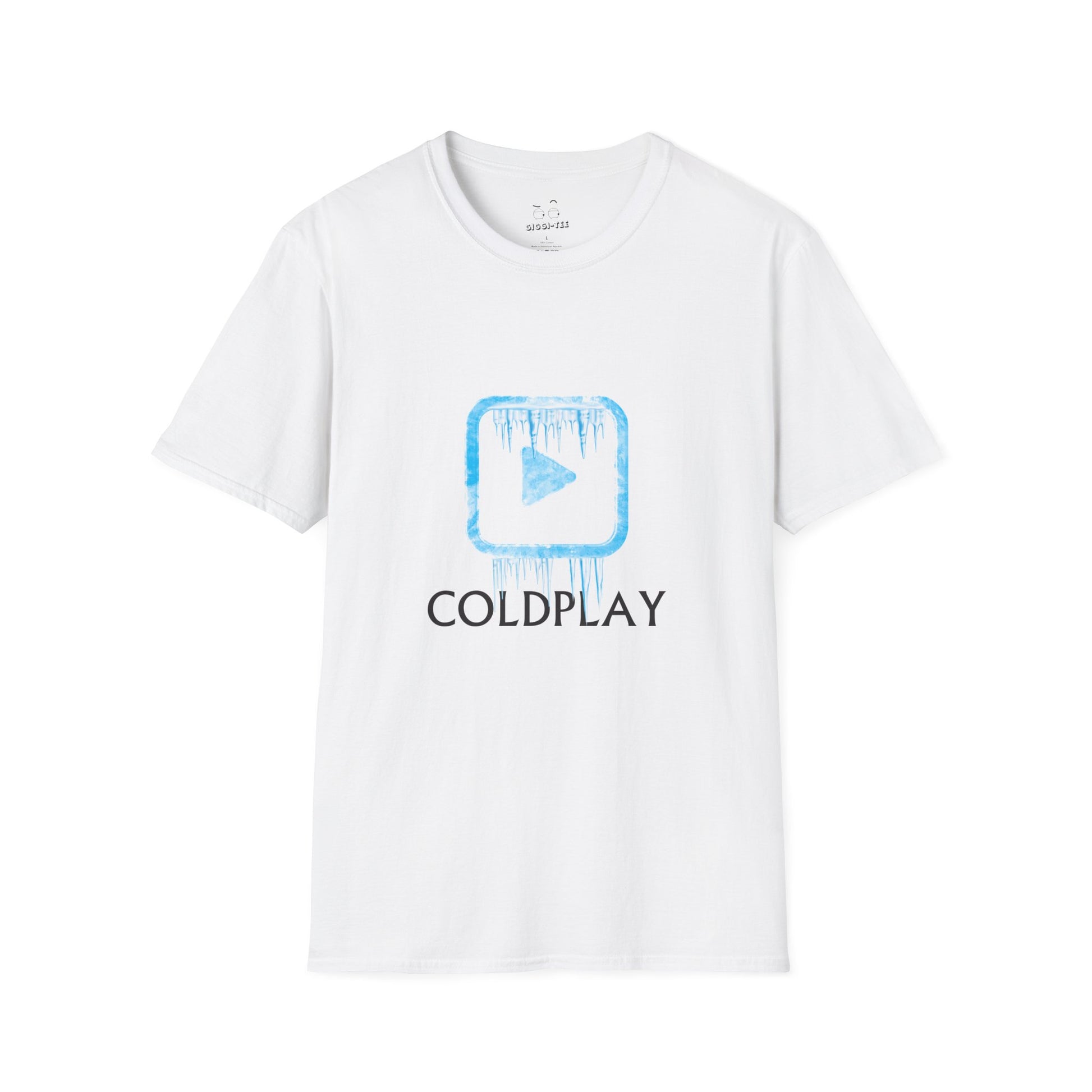 T-shirt with a minimalist graphic of a triangular "Play" button trapped inside a block of blue ice.