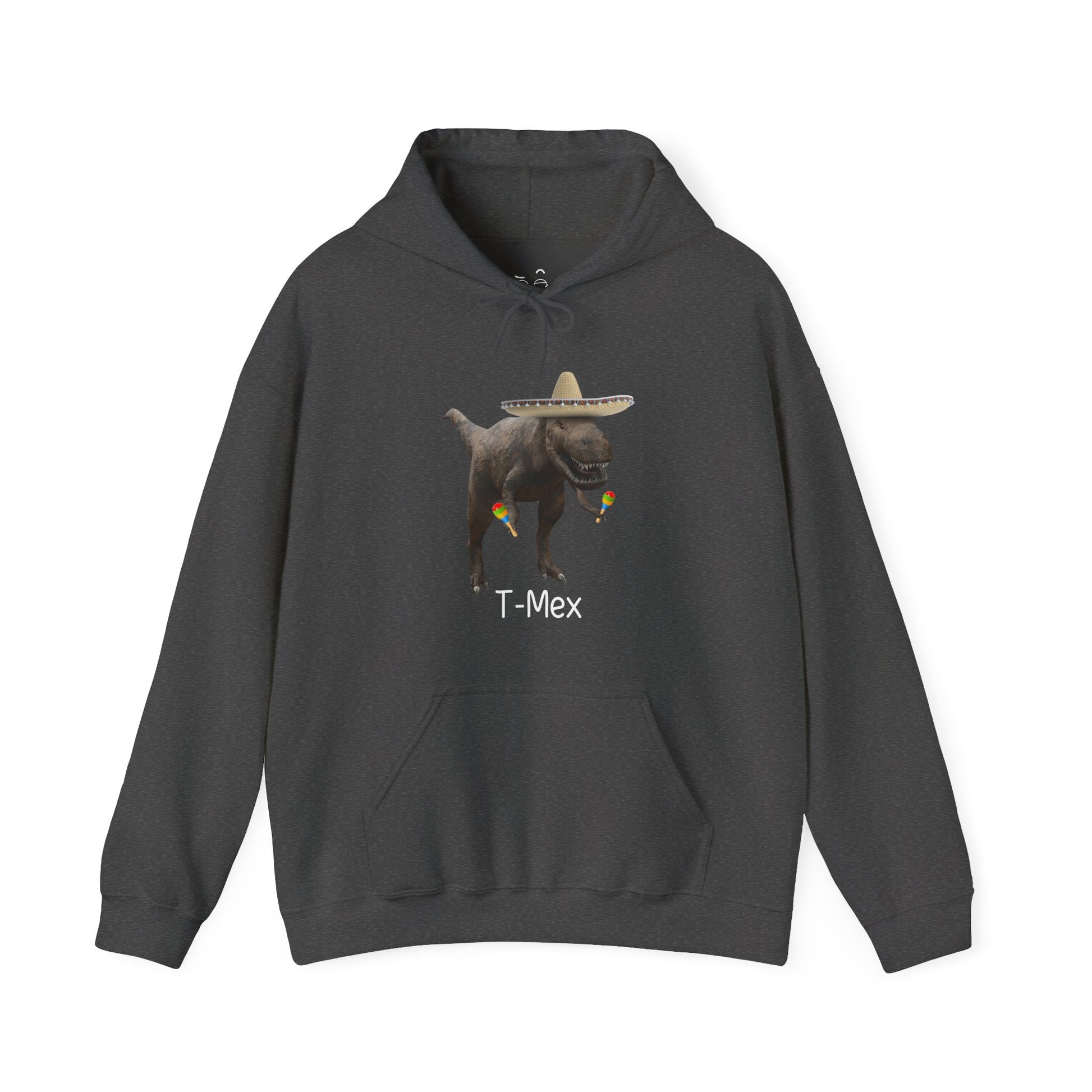 T-Mex dinosaur hoodie graphic with a T-Rex wearing a sombrero and holding maracas