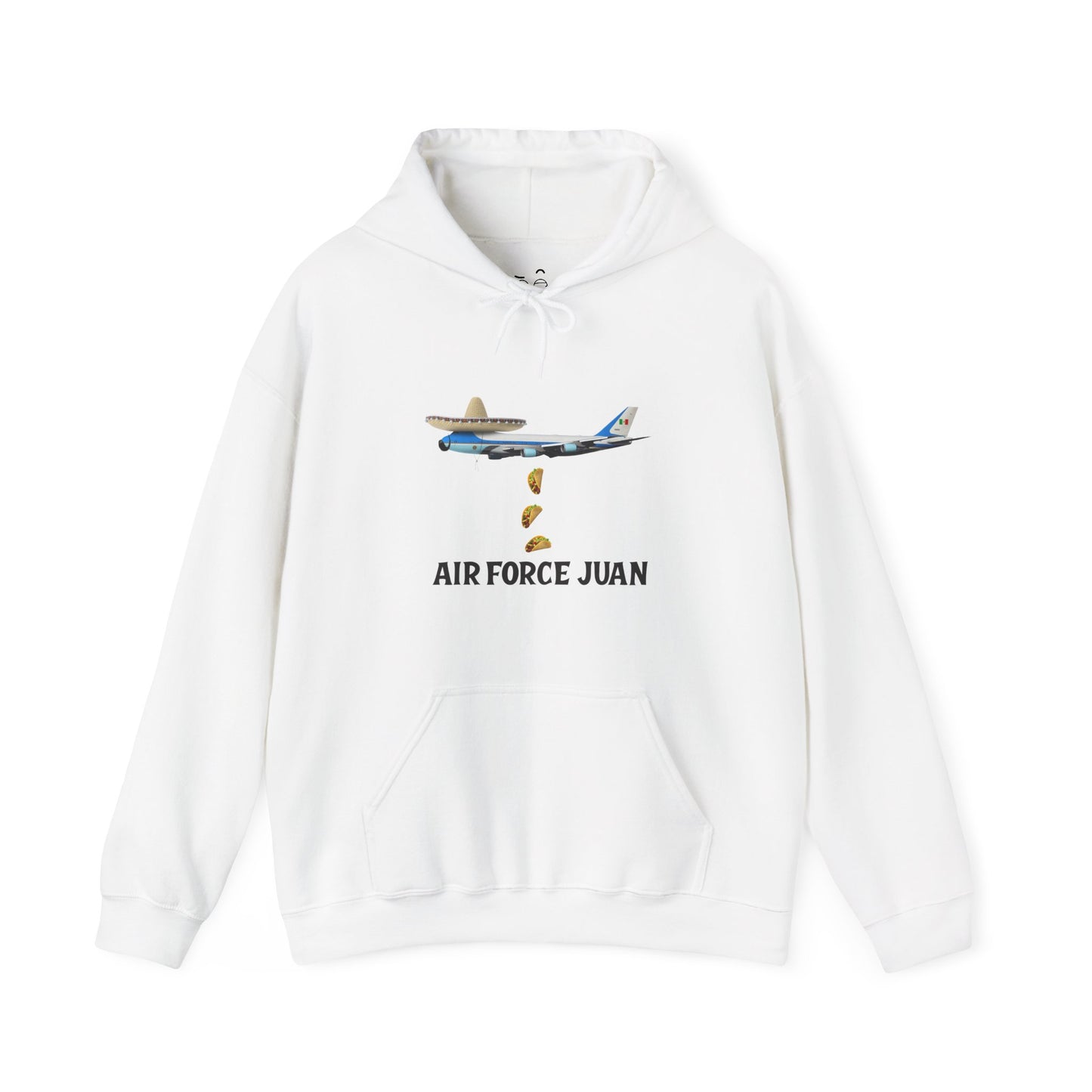 Air Force Juan parody hoodie featuring a presidential airplane with sombrero and tacos