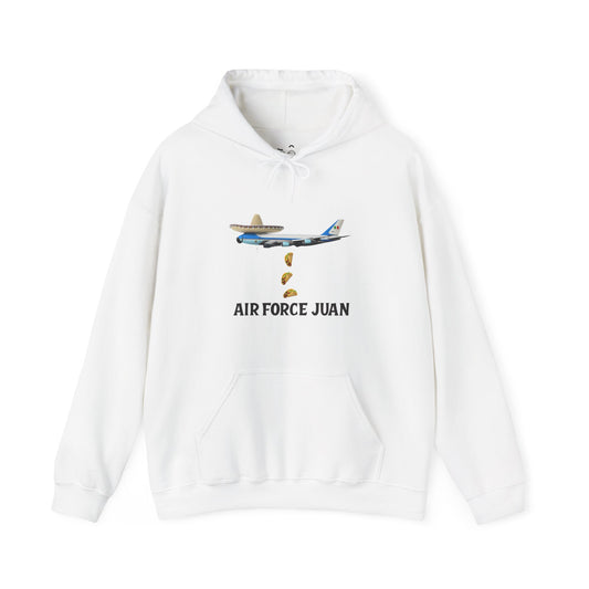Air Force Juan parody hoodie featuring a presidential airplane with sombrero and tacos