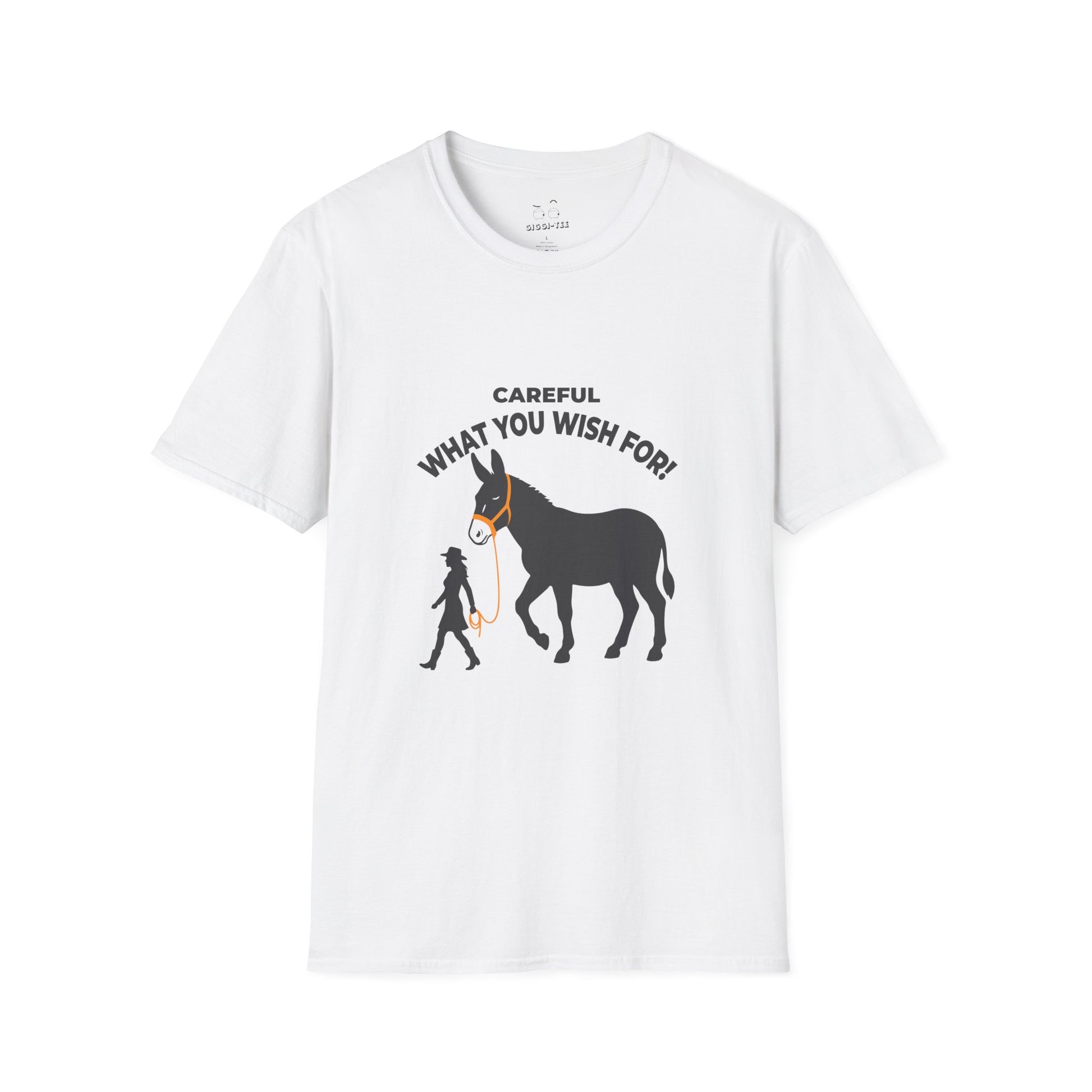 Funny Big Ass t-shirt featuring a woman walking a giant donkey on a leash with the phrase Careful What You Wish For