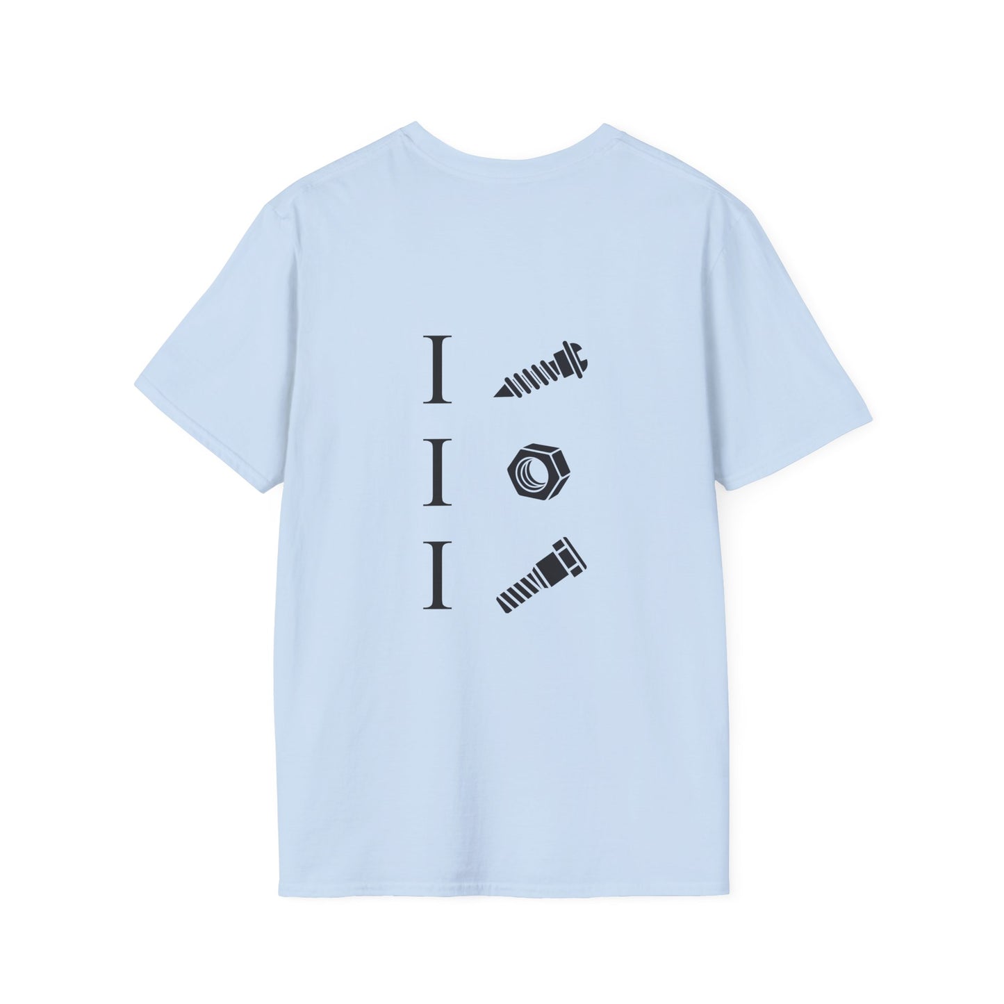 back print t-shirt with icons of a screw, nut, and bolt alongside text ‘I Screw I Nut I Bolt,’ pun design.