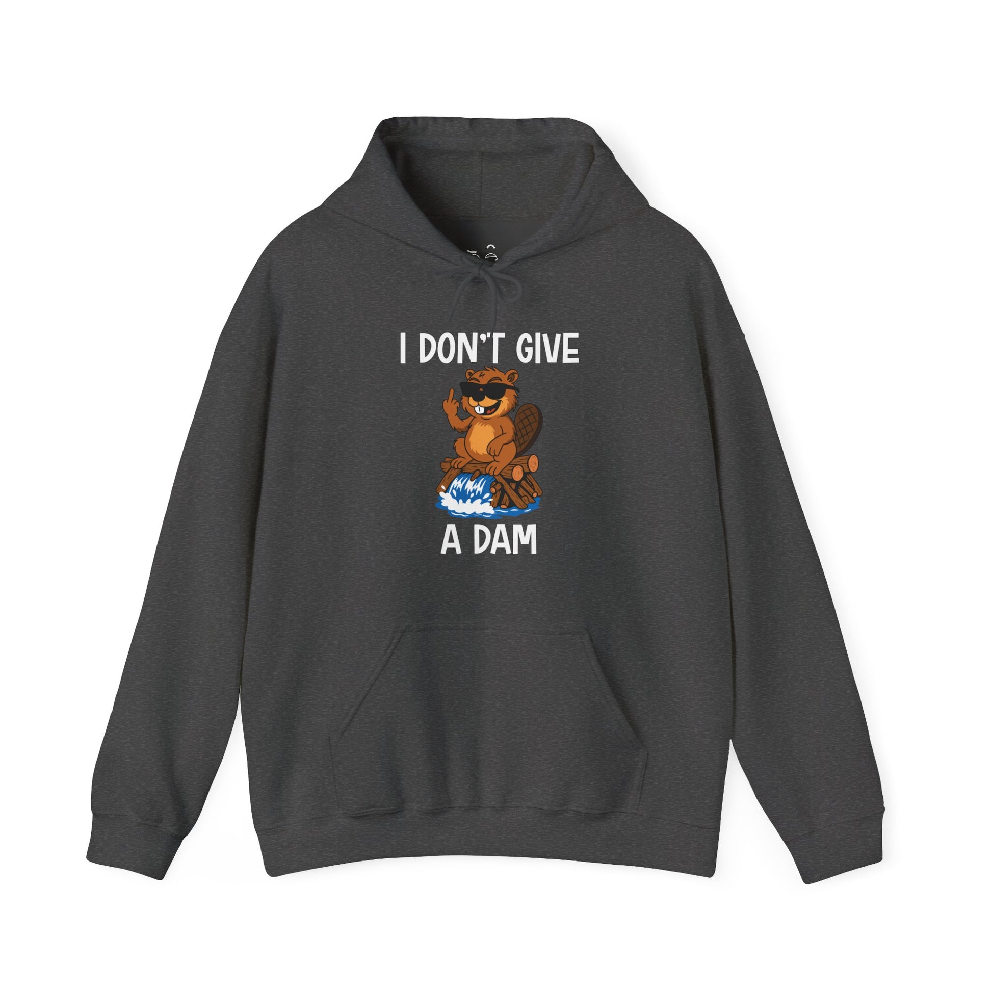 I Don’t Give a Dam hoodie graphic featuring a beaver sitting on a dam and giving the middle finger