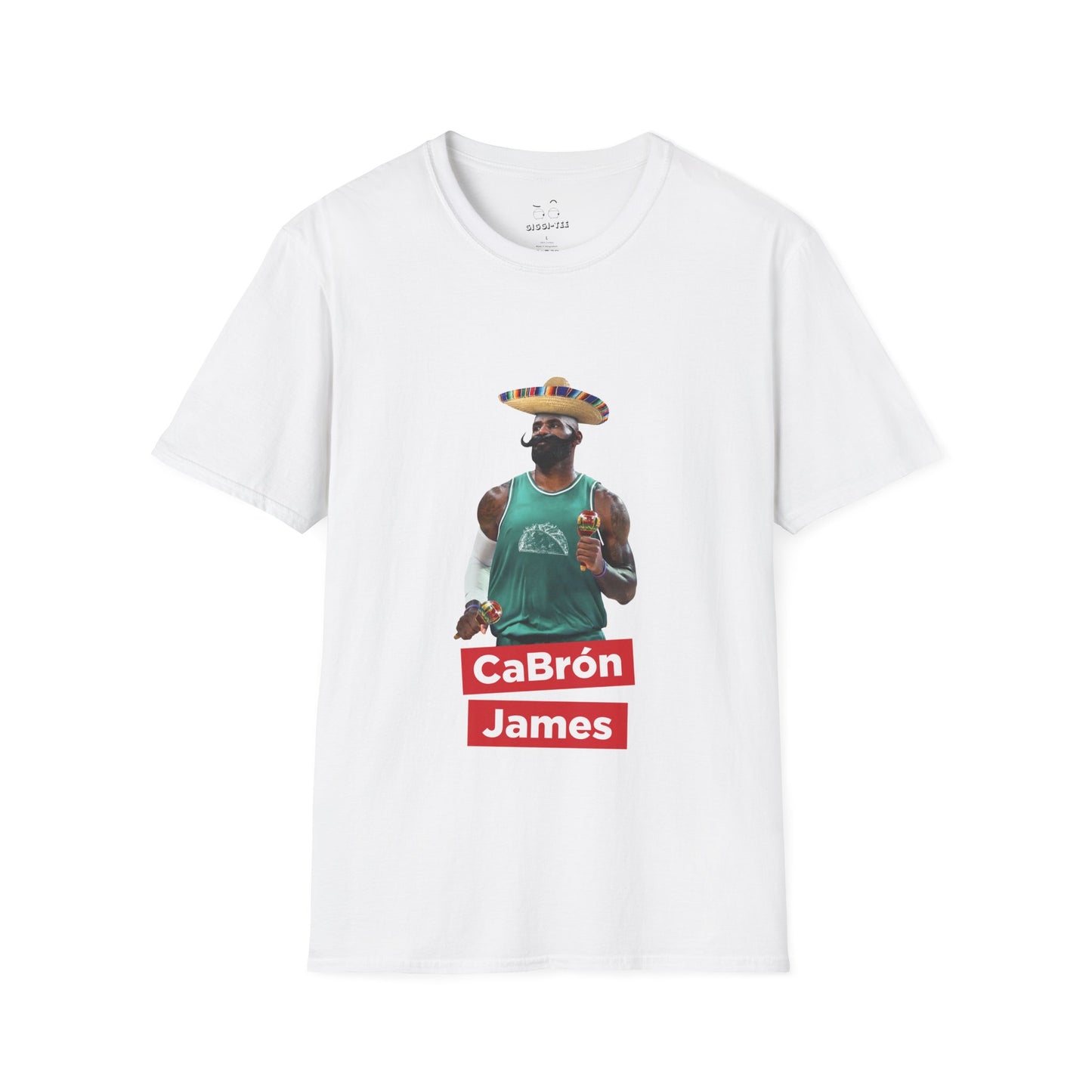 CaBron James parody illustration of LeBron James wearing a sombrero, giant Mexican-style mustache, holding maracas, and wearing a taco-themed basketball jersey.