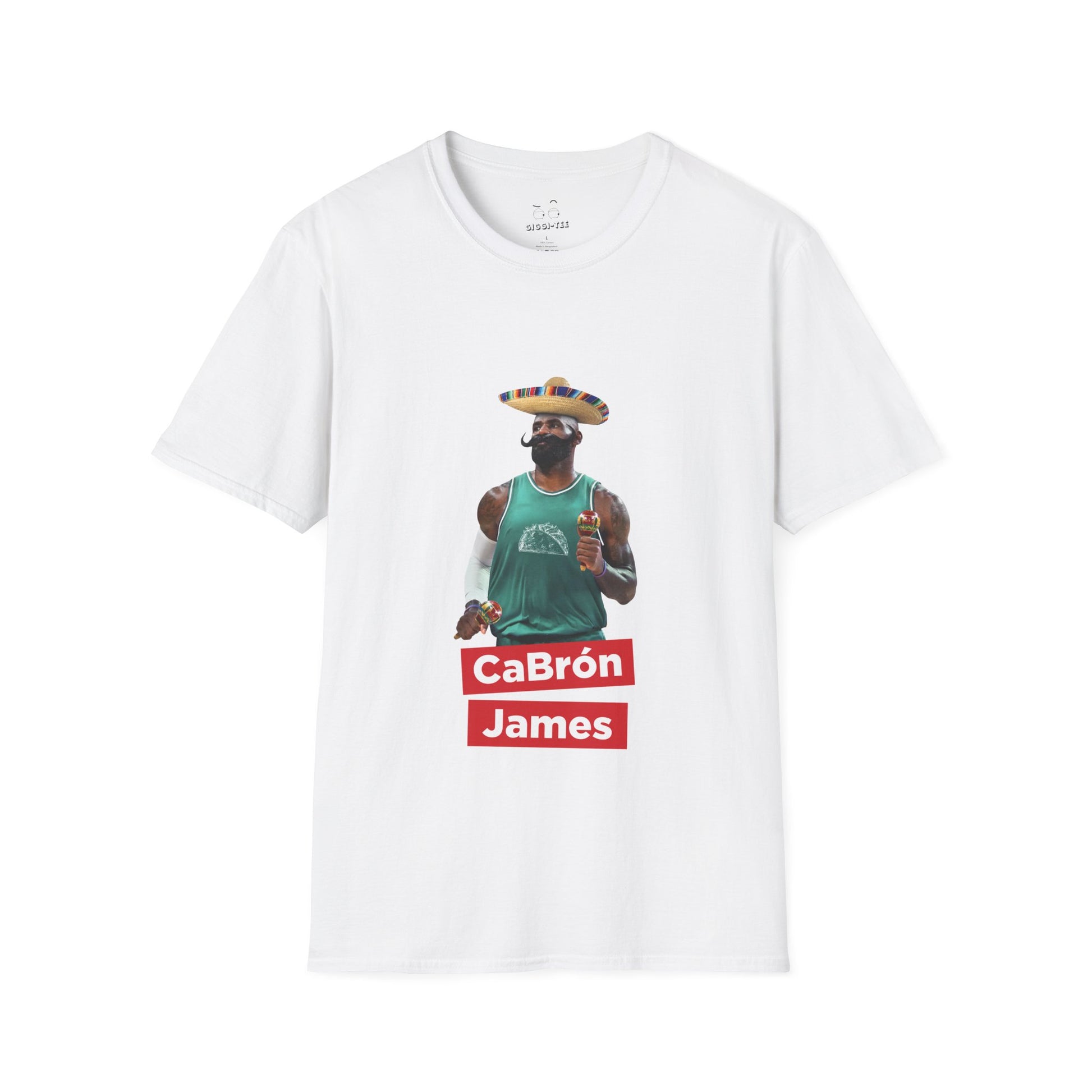 CaBron James parody illustration of LeBron James wearing a sombrero, giant Mexican-style mustache, holding maracas, and wearing a taco-themed basketball jersey.