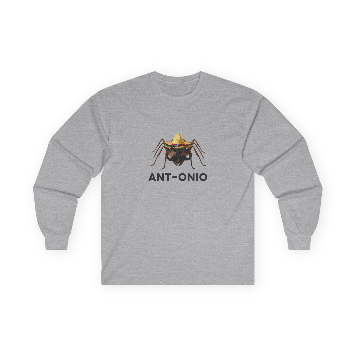Antonio ant long sleeve shirt featuring an ant with a big mustache and sombrero. Funny Spanish name pun and animal graphic.