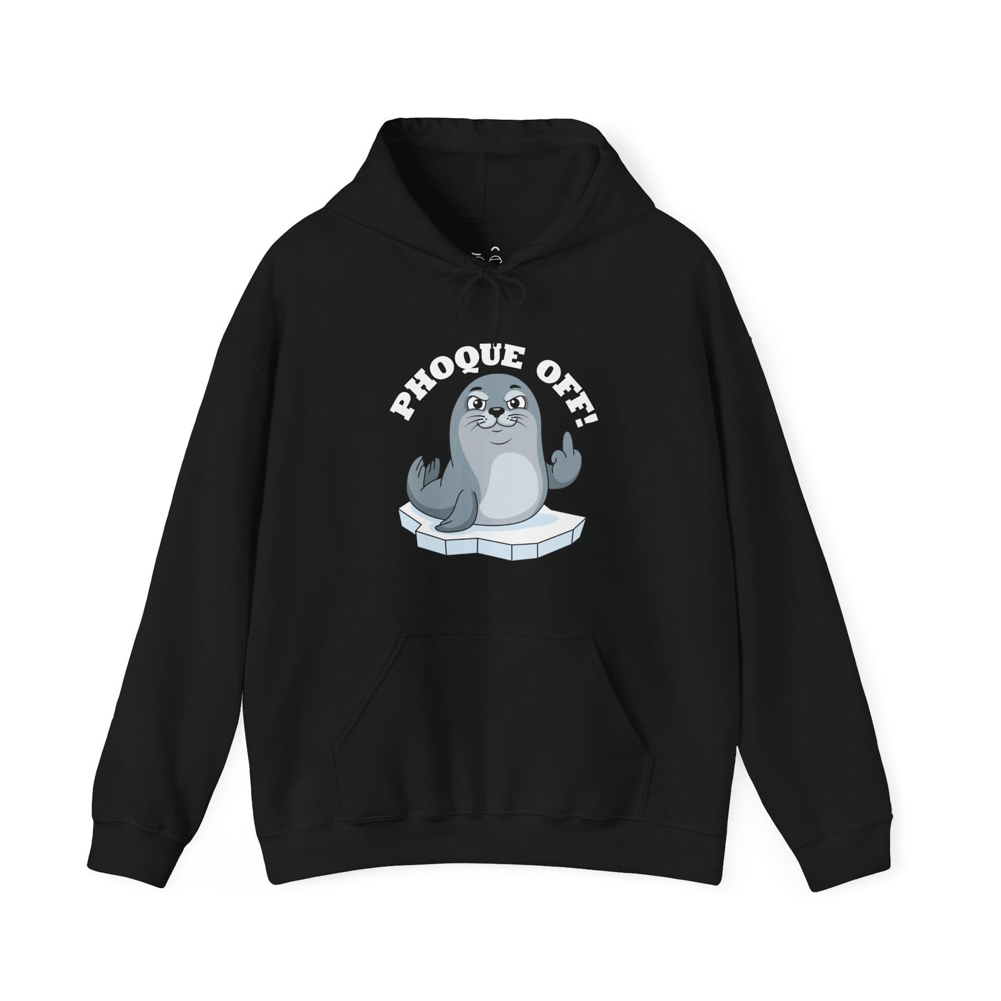 A funny seal wearing a "Phoque Off" design while giving the middle finger on a humorous pun hoodie.