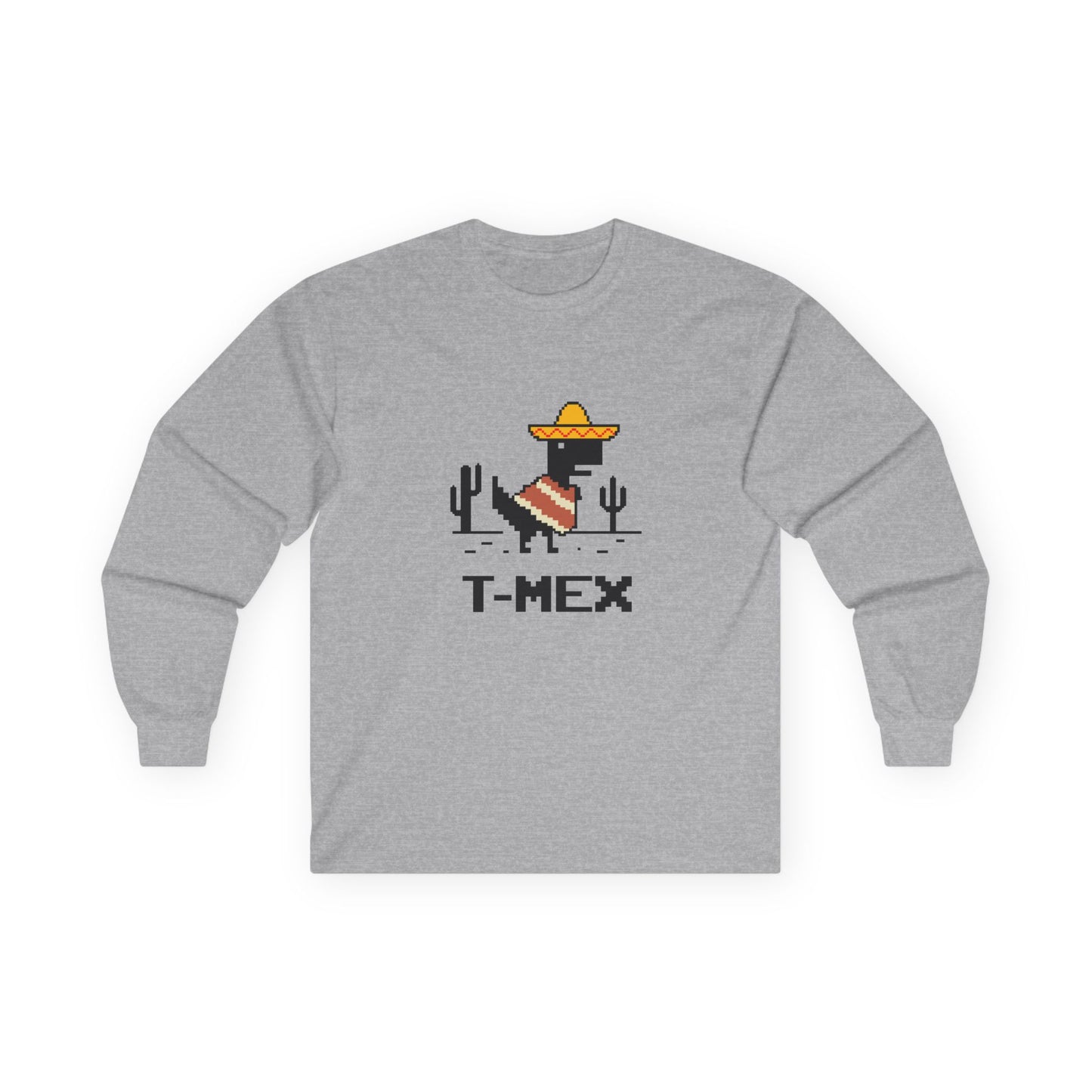 T-Mex Mexican T-Rex wearing sombrero and poncho 8-bit pixel art long sleeve shirt