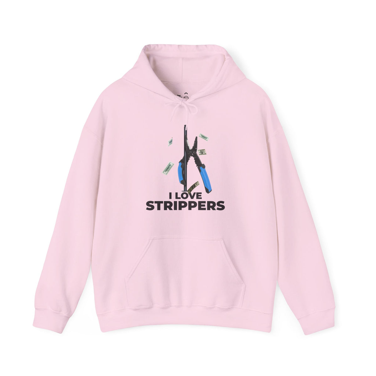 I Love Strippers Hoodie with a wire stripper dancing on a pole and dollar bills flying around, funny electrician graphic.