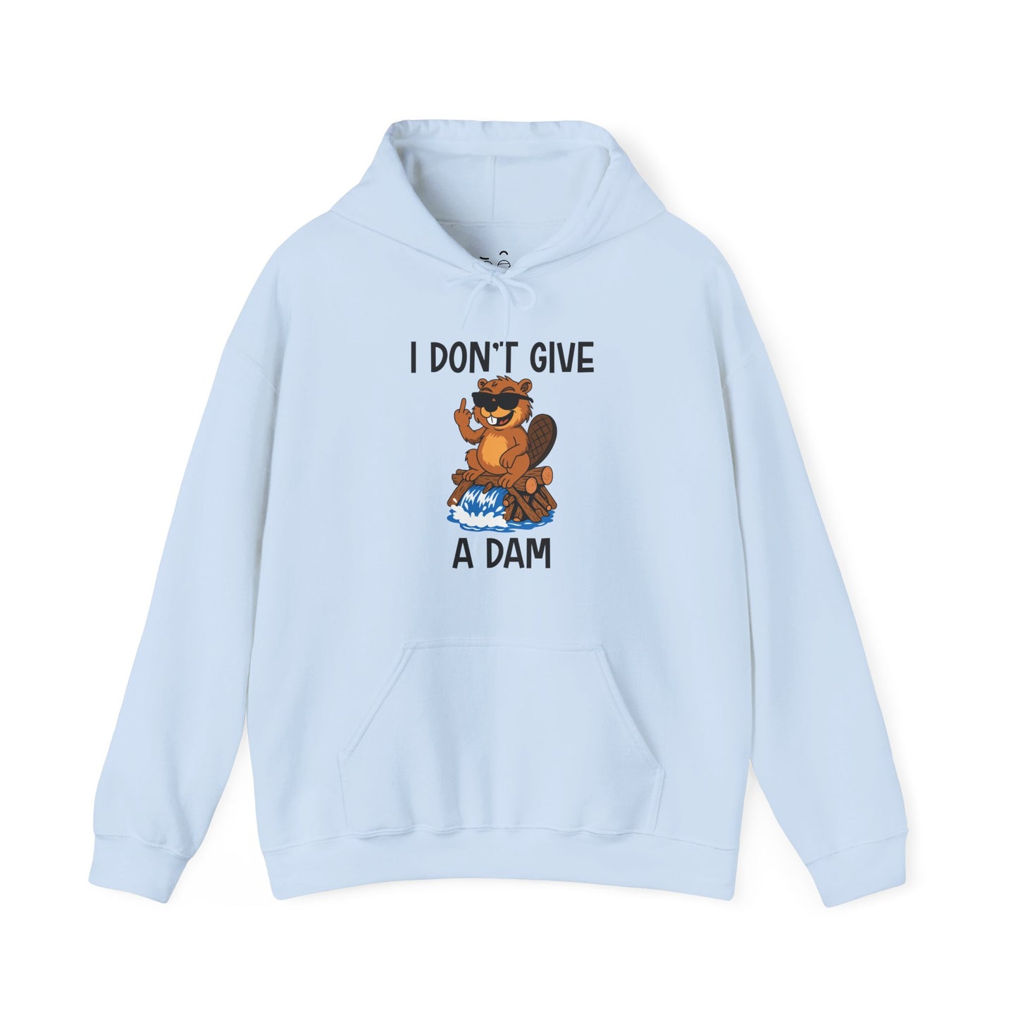 I Don’t Give a Dam hoodie graphic featuring a beaver sitting on a dam and giving the middle finger